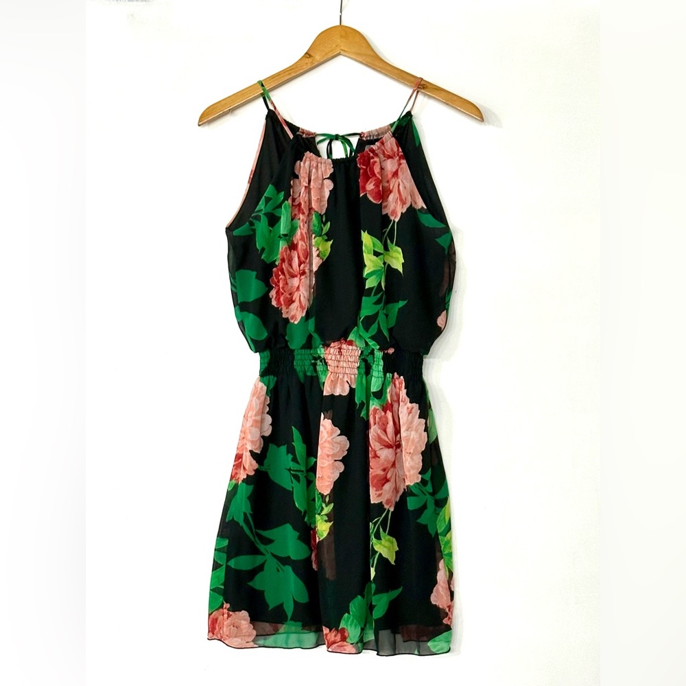 Sweet Storm Floral Black and‎ Pink Sleeveless Halter Dress size Large